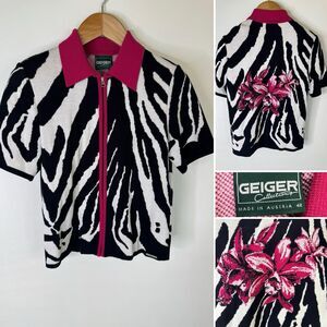 Geiger Of Austria Knit Zip Blouse Top Floral Zebra Print Sz 42 Black White Pink